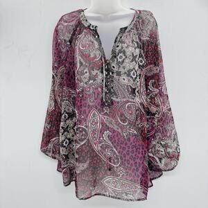 Chico's Paisley Shimmer Print Sheer Blouse Sz 3 XL Multicolor Beaded Gypsy Artsy